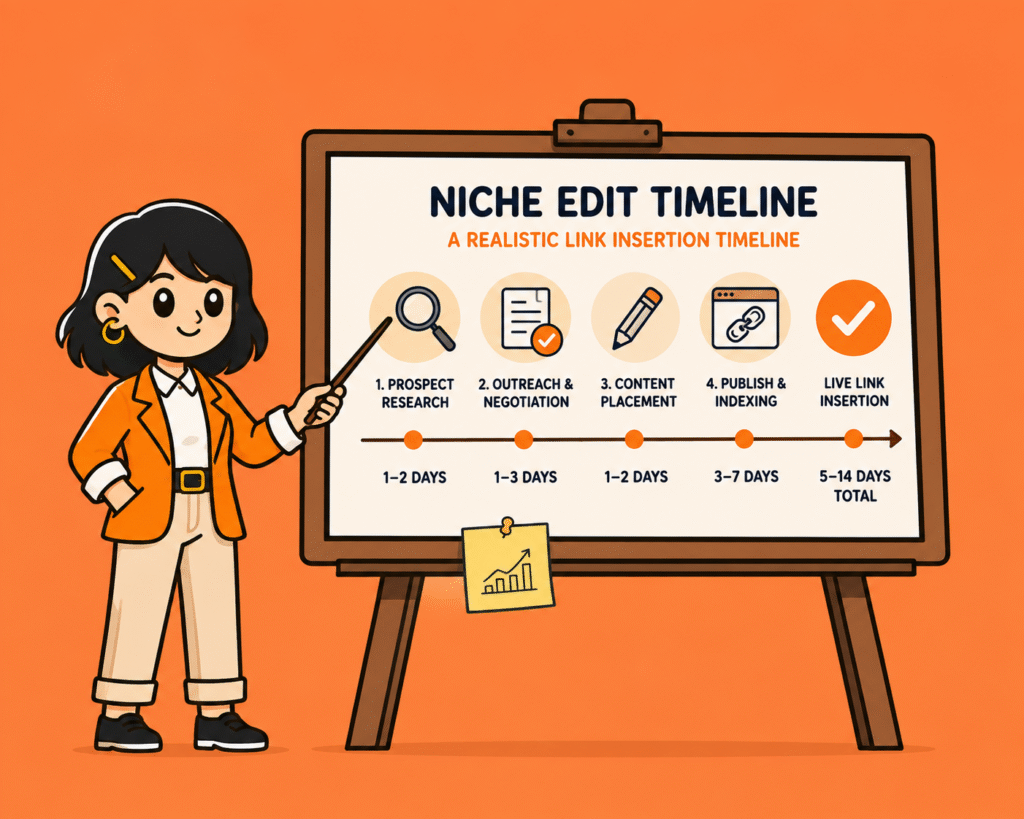 Niche edit timeline for a realistic link insertion process